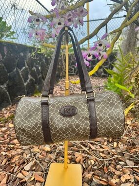 Nina Ricci Paris vintage Barrel Bag Brown Monogram Cylinder Satchel